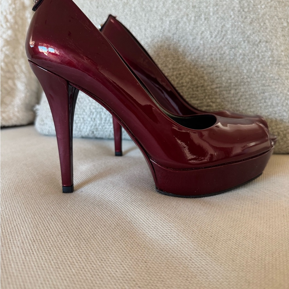 Stuart Weitzman Deep Red Peep-Toe Heels
